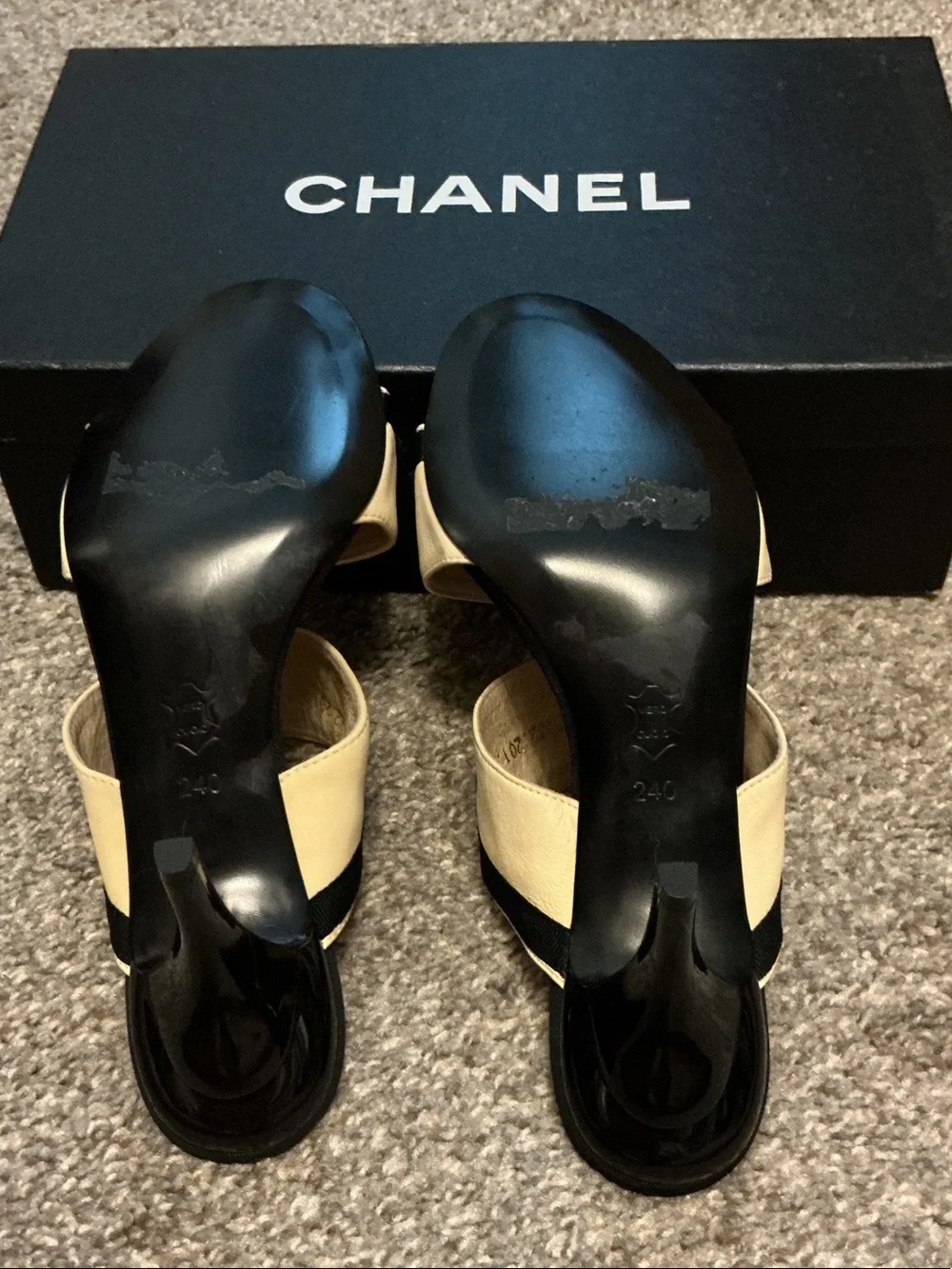 CHANEL Cream and Black Two-Band Heeled Mules